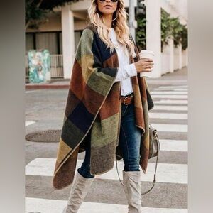 🤎 Color Block Sweater Shawl Poncho | One Size | Cozy, Comfy Winter Wrap ❄️